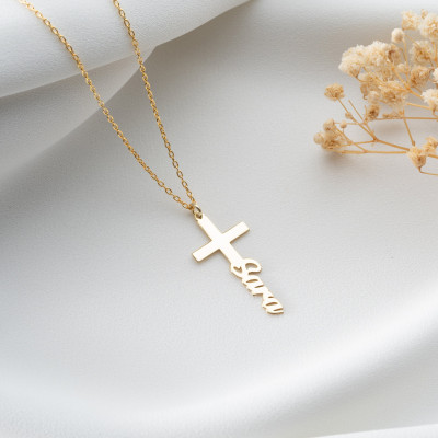 Sterling Silver Gold Cross Necklace for Women - Personalized Name Crucifix Pendant - Dainty Rose Gold Necklace - Christmas Gift