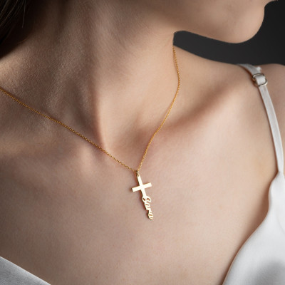 Sterling Silver Gold Cross Necklace for Women - Personalized Name Crucifix Pendant - Dainty Rose Gold Necklace - Christmas Gift