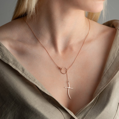 Women's Elegant Silver Dainty Cross Necklace - Christmas Gift Cross and Circle Pendant