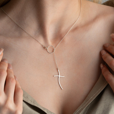 Women's Elegant Silver Dainty Cross Necklace - Christmas Gift Cross and Circle Pendant