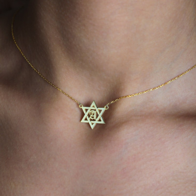 14k Gold Star of David Necklace, Personalized Magen David Initial Choker, Hanukkah Gift,