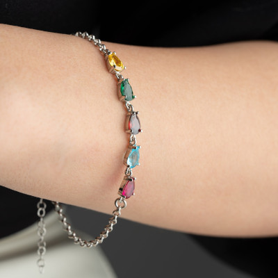 Personalized Silver Family Birthstone Bracelet with May Gold Drop Charm - Gift for Mom