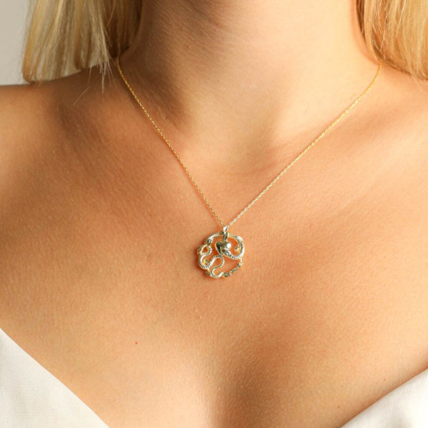 18k Gold & Rose Gold Plated Snake Heart Necklace Coin Pendant, Sterling Silver, Anniversary Gift