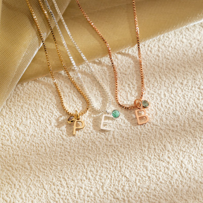 Personalized Gold Initial Necklace with Birthstone - Custom Letter Necklace, Box Chain, Gift for Her