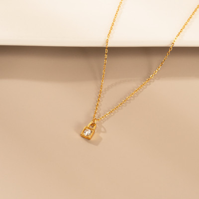 Gold Lock Pendant Necklace, Minimalist Gold CZ Necklace, Diamond Lock Charm Jewelry, Everyday Necklace for Women, Christmas Gifts