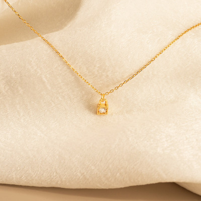 Gold Lock Pendant Necklace, Minimalist Gold CZ Necklace, Diamond Lock Charm Jewelry, Everyday Necklace for Women, Christmas Gifts