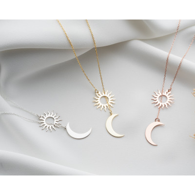 Silver Sun and Moon Pendant Necklace Set - Couples & Friendship Jewelry