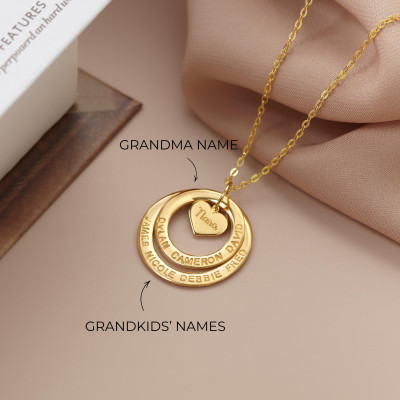 Personalized Grandma Pendant Necklace with Grandkids' Names - Custom Engraved Christmas Gift for Grandma (1-9 Names)