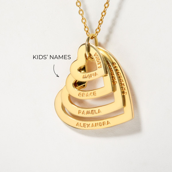 Personalized Gold Grandma Necklace with Grandkids' Names, Engraved Heart Pendant, Gift Ideas