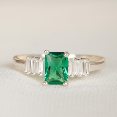 Emerald Baguette Engagement Ring for Women - Dainty May Birthstone Gift for Mom or Her in