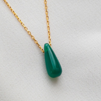 Sterling Silver Teardrop Green Moss Agate Pendant Necklace, Natural Stone Jewelry Gift for Mother,