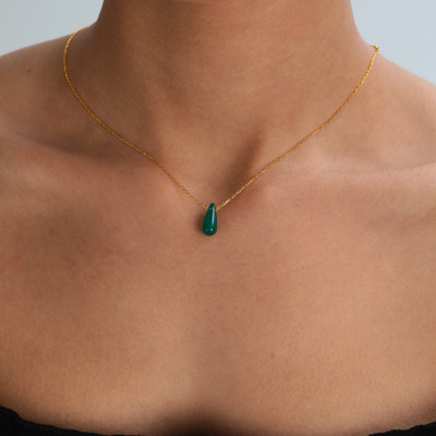 Sterling Silver Teardrop Green Moss Agate Pendant Necklace, Natural Stone Jewelry Gift for Mother,