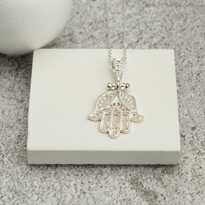 Sterling Silver Hamsa Necklace for Women, Dainty Fatima Hand Pendant, Gift for Her, Available in Gold and Rose Gold -