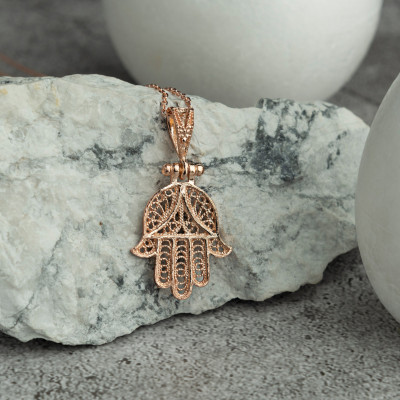 Sterling Silver Hamsa Necklace for Women, Dainty Fatima Hand Pendant, Gift for Her, Available in Gold and Rose Gold -