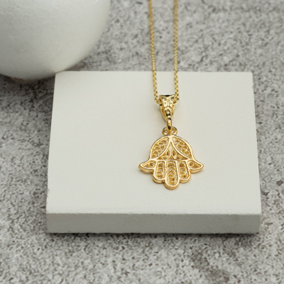 Sterling Silver Hamsa Necklace, Fatima Hand Pendant for Men and Women, Mother's Day Gift, Available in Gold and Rose Gold Plating,