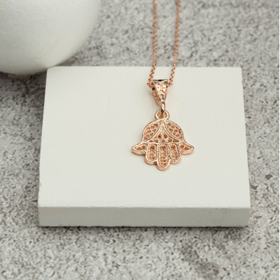 Sterling Silver Hamsa Necklace, Fatima Hand Pendant for Men and Women, Mother's Day Gift, Available in Gold and Rose Gold Plating,