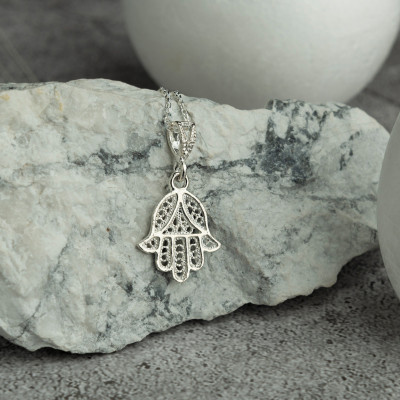 Sterling Silver Hamsa Necklace, Fatima Hand Pendant for Men and Women, Mother's Day Gift, Available in Gold and Rose Gold Plating,