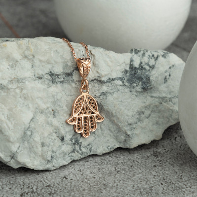 Sterling Silver Hamsa Necklace, Fatima Hand Pendant for Men and Women, Mother's Day Gift, Available in Gold and Rose Gold Plating,