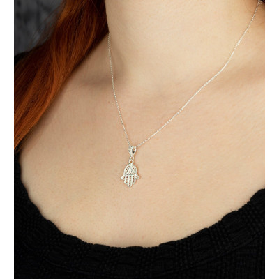 Sterling Silver Hamsa Necklace, Fatima Hand Pendant for Men and Women, Mother's Day Gift, Available in Gold and Rose Gold Plating,