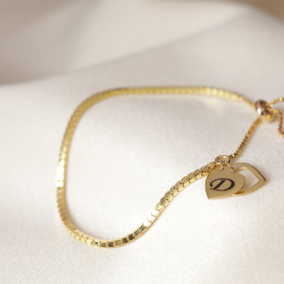 Personalized Gold Heart Charm Adjustable Bracelet for Him - Bridesmaid Gift