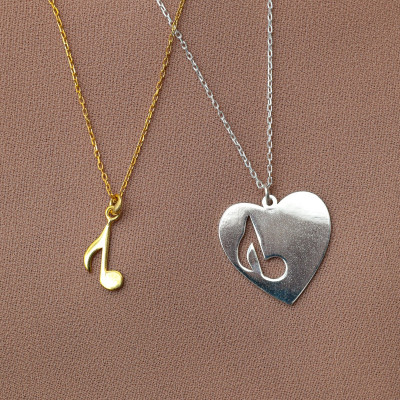 Silver Heart & Musical Note Necklace Set - Matching Couple Jewelry, Valentine's Day Gift for Him, Musical Jewelry