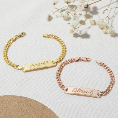 Personalized Engraved Name Bracelet, Gold & Silver ID Bar Bracelet, Custom Name Curb Chain Bracelet