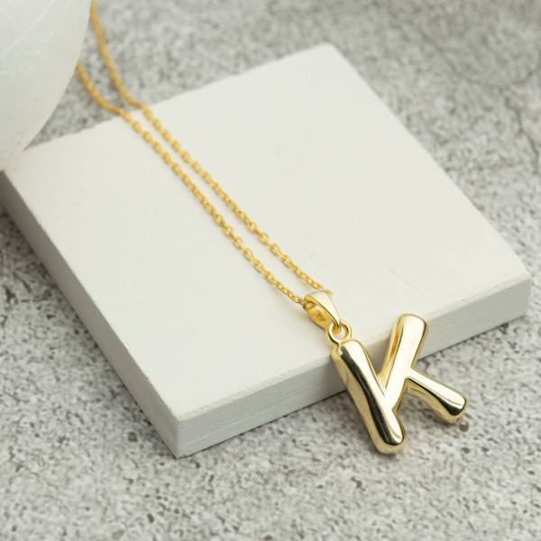 Gold & Rose Gold Plated Initial Letter Necklace - Sterling Silver Puff Design, Mother's Day Gifts