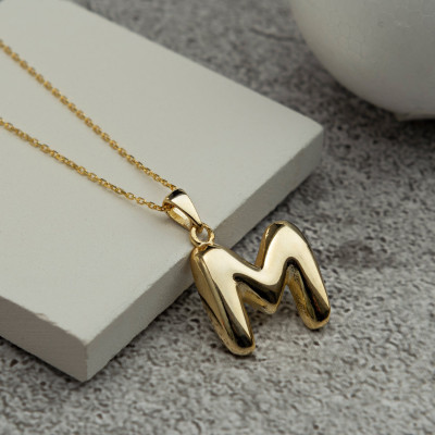 Custom Initial Puff Necklace - Sterling Silver, Gold, Rose Gold Plated - Personalized Letter Necklace, Mother's Day Gift