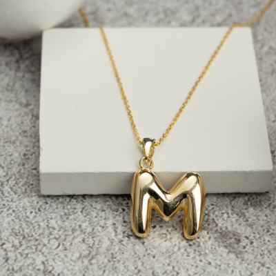 Custom Initial Puff Necklace - Sterling Silver, Gold, Rose Gold Plated - Personalized Letter Necklace, Mother's Day Gift