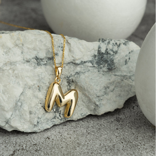 Custom Initial Puff Necklace - Sterling Silver, Gold, Rose Gold Plated - Personalized Letter Necklace, Mother's Day Gift