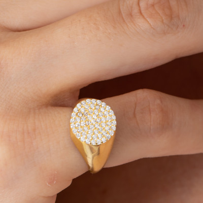 Gold Plated CZ Diamond Pave Signet Pinky Ring for Women - Gift for Mom or Grandmother