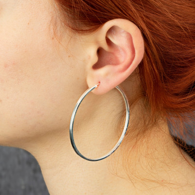 Sterling Silver 55mm Large Hoop Earrings, Corner Lines Design, Mother's Day Gift for Her,