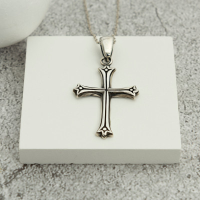 Sterling Silver Men's Personalized Cross Necklace, Unisex Cross Pendant Gift,