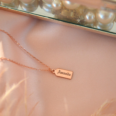 Gold Mini Initial Name Tag Necklace - Engraved Tiny Dog Tag Necklace