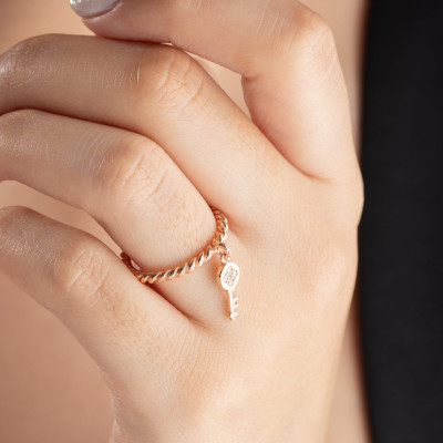 Gold Minimalist Key Charm Friendship Ring, Dainty Valentine's Day Jewelry