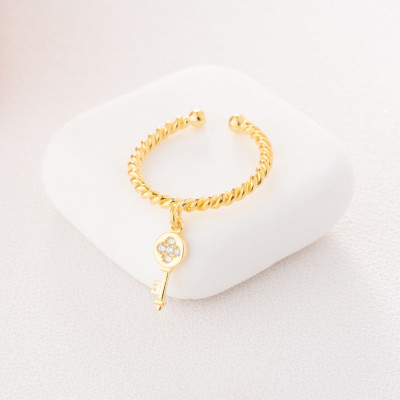 Gold Minimalist Key Charm Friendship Ring, Dainty Valentine's Day Jewelry