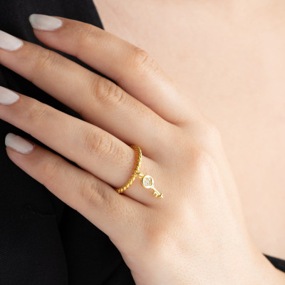 Gold Minimalist Key Charm Friendship Ring, Dainty Valentine's Day Jewelry