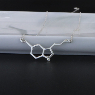 Serotonin Molecule Happiness Necklace - Men's Gift, Bridesmaid, Doctor Gift, Mom, Science Pendant, Sterling Silver & 18K Rose Gold - Christmas