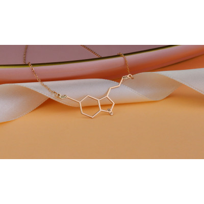 Serotonin Molecule Happiness Necklace - Men's Gift, Bridesmaid, Doctor Gift, Mom, Science Pendant, Sterling Silver & 18K Rose Gold - Christmas