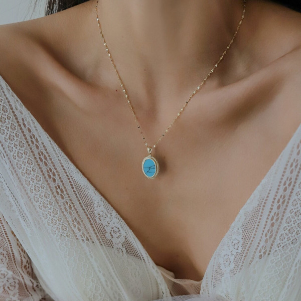 Mother's Day Gift, Elegant Turquoise Pendant Necklace, 14K Solid Gold Chain, Chained Stone Necklace for Women,