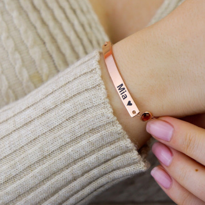 Custom Name Bracelet with Birthstone Bar - Personalized Nameplate Bangle, Mother's Day Gift, Dainty Rose Gold & Silver Bridesmaid Gifts