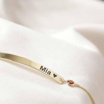 Custom Name Bracelet with Birthstone Bar - Personalized Nameplate Bangle, Mother's Day Gift, Dainty Rose Gold & Silver Bridesmaid Gifts