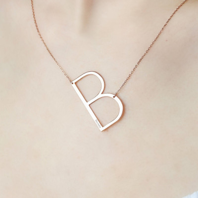 Personalized Capital Letter Necklace, Sideways Initial Pendant, Engraved Name Gift for Mother's Day