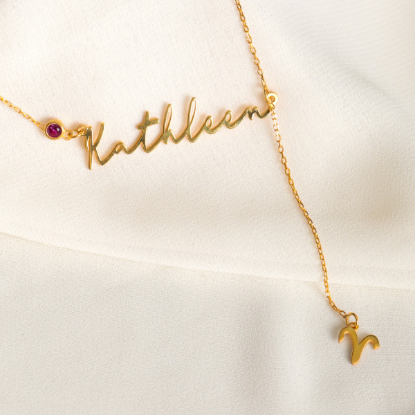 Custom Name Necklace with Birthstone & Zodiac Sign - Personalized Jewelry Gift for Birthdays & Moms in the