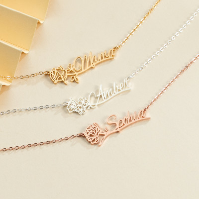 Personalized Gold Name Necklace with Birth Flower for Mom - Custom Birth Month Jewelry Gift