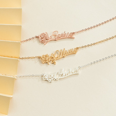 Personalized Gold Name Necklace with Birth Flower for Mom - Custom Birth Month Jewelry Gift