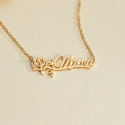 Personalized Gold Name Necklace with Birth Flower for Mom - Custom Birth Month Jewelry Gift