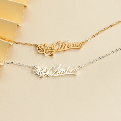 Personalized Gold Name Necklace with Birth Flower for Mom - Custom Birth Month Jewelry Gift