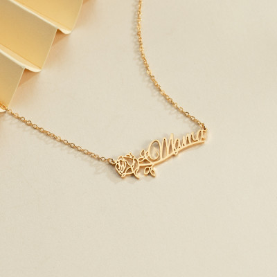 Personalized Gold Name Necklace with Birth Flower for Mom - Custom Birth Month Jewelry Gift