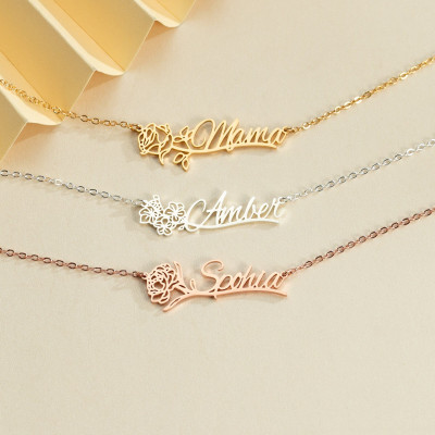 Personalized Gold Name Necklace with Birth Flower for Mom - Custom Birth Month Jewelry Gift